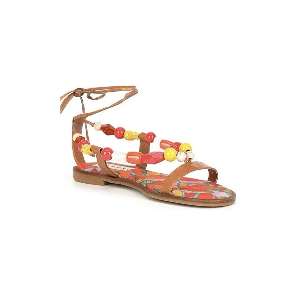 Antonio Melani Loola Beaded Leather Ankle Wrap Flat Sandals Size 7M Resort